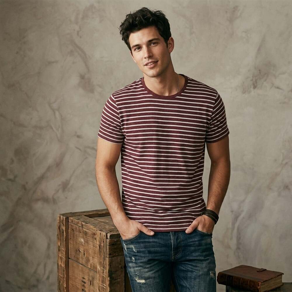 Banana Republic Men XL T-Shirt Burgundy Blue Striped Cotton Basic Retro Casual